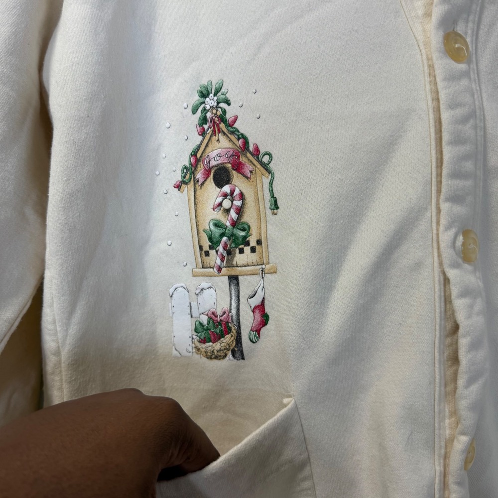 Y-Tex Knit Vintage Christmas Birdhouse Sweatshirt Cardigan Off White OSFA USA - Picture 4 of 8
